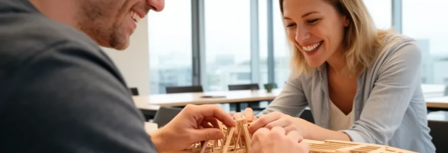 Deux collègues collaborant sur une activité team building de construction collective