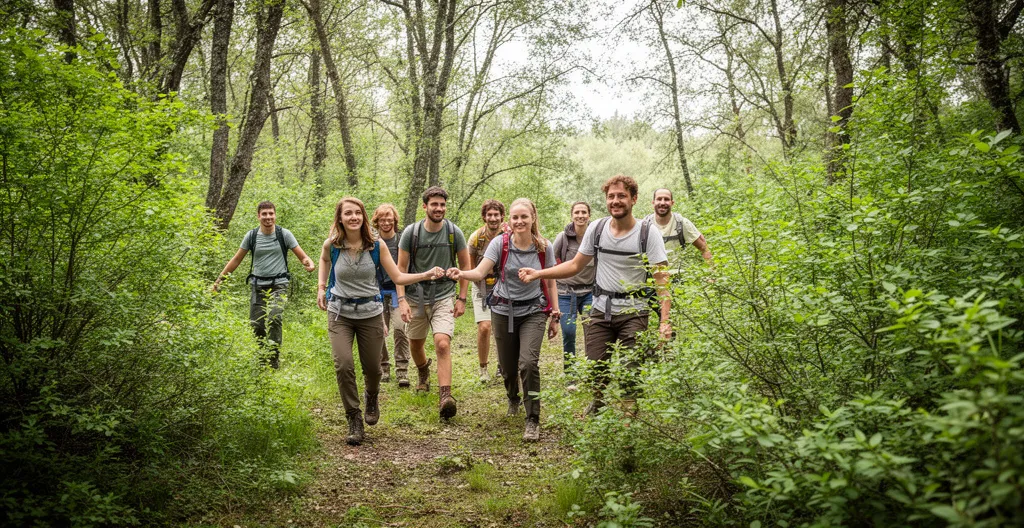 Équipe professionnelle en activité outdoor dans un environnement naturel