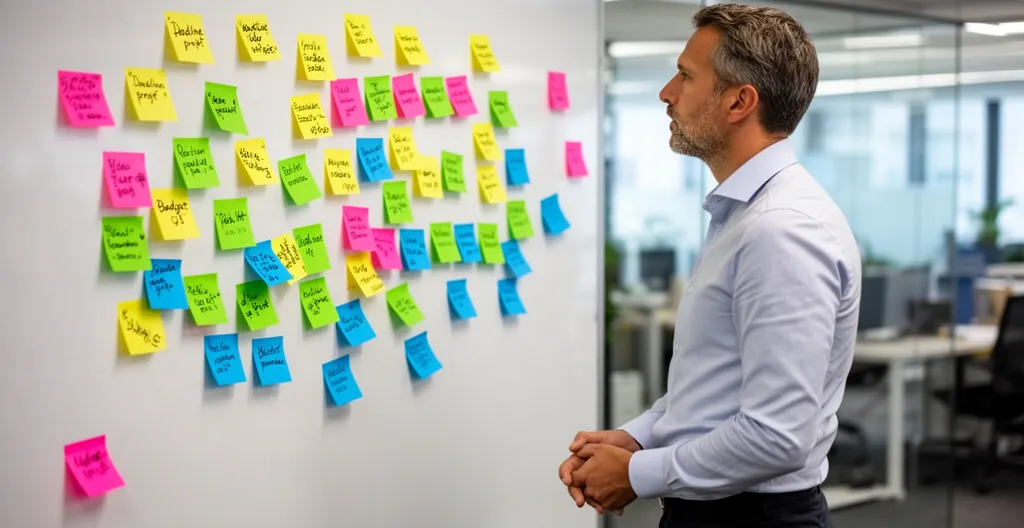 Manager en réflexion devant un tableau de diagnostic d'équipe